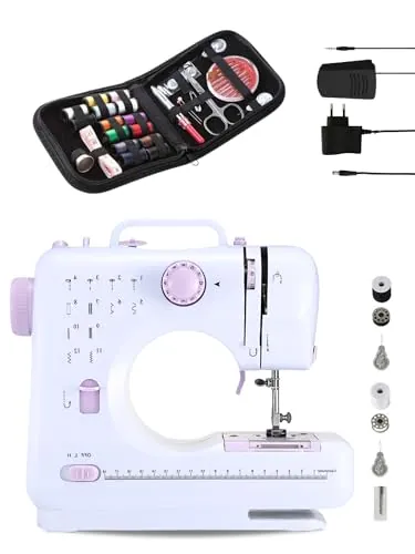 Máquina de Coser Portátil con 2 Velocidades y 12 Puntadas. Incluye Pedal, Kit de Costura, Luz de Trabajo y Cortador de Hilo. Funciona con Cable o Pilas AA (no incluidas)