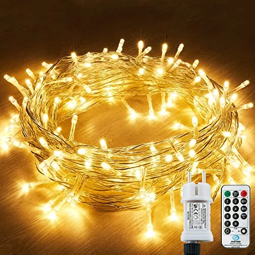 Guirnaldas Luces Exterior, 12M 120 LED Cable Alimentación Navideño de Luces Hadas con 8 Modos, Lmpermeable IP44 + IP65, Para árbol de Navidad, Navidad, Fiestas, Decoración de Boda（blanco cálido）