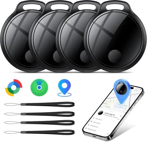 Smart Tag 4 Unidades para Android e iOS,Bluetooth Tracker para Llaves,Maletas,Cartera, Mochila y Bolso,Tracker Tag 120 dB,Red de Búsqueda Global,Compartición Familiar,IP67,Sin Suscripción,Negro