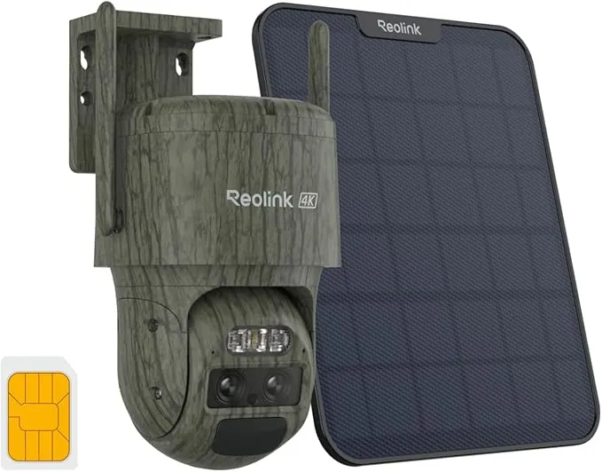 Reolink 4K Camara Vigilancia Sim con Doble Lente, Camara Solar 4G con Auto-Seguimiento, Zoom Híbrido 6X, Cámara Fototrampeo IP65, IR Sin Brillo, TrackMix LTE Trail + Panel Solar