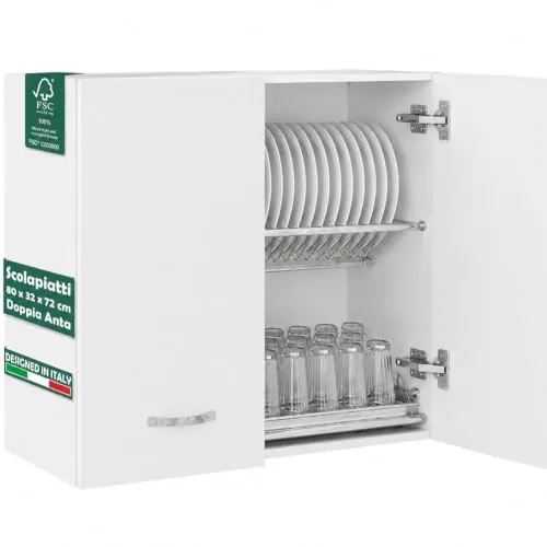 Shally Dogan Escurreplatos de Pared, Armario Colgante de Cocina de Pared, Armario Colgante de Madera con Dos Puertas Color Blanco, 80 x 32 x 72 cm