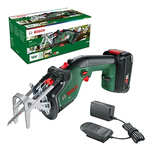 Bosch Home and Garden sierra de jardín de batería Keo (1 batería de 2,0 Ah, sistema de 18 V, diámetro de corte 80 mm, con cuchilla Swiss Precision Wood, en caja)