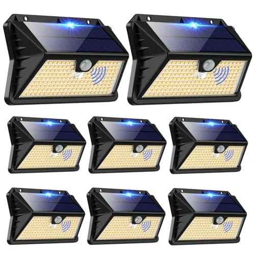 OUILA Luces Solares LED Exterior 8 Paquete, 185 LED/3 Modos Con Sensor de Movimiento, IP65 Impermeable para Jardín, Garaje (Blanco Cálido)