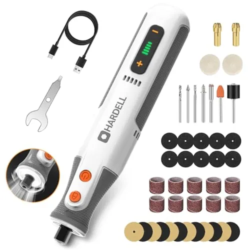 HARDELL Taladro Eléctrico Mini 8V, Taladro Inalámbrico con 5 Velocidades (28000 RPM), Carga USB-C, Herramienta Rotativa Multifunción con 42 Accesorios para Tallar, Cortar, Taladrar y Lijar
