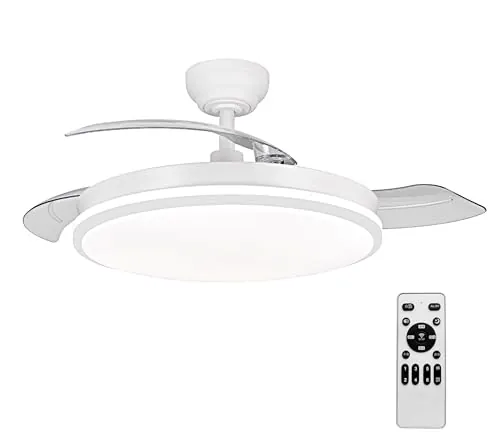 LEDUNI Ventilador con Luz LED 72w 7590LM con mando a distancia, Motor DC temporizador, 6 velocidades, aspas retráctiles, 3 temperaturas de luz, función verano-invierno Silencioso (Blanco)