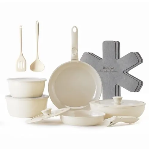 Redchef Juego de sartenes de cerámica antiadherente, 16 piezas, con asas extraíbles, sartén de 20/26 cm, sartén profunda de 26 cm, olla de 18/20 cm, apilable para todo tipo de cocinas, aptas para