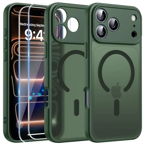 FLLAO Funda para iPhone 17 Pro MAX, Compatible MagSafe, con 2 Piezas Protector de Pantalla Cristal Templado, [Protección de Cámara] Magnética Translúcida Mate Carcasa, Verde
