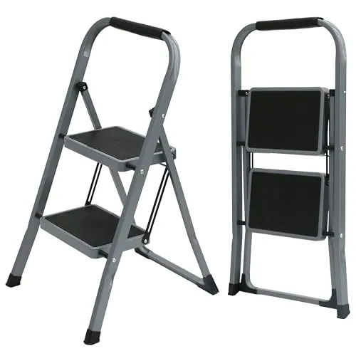 UZIRO Escalera Plegable 2 Peldaños -Estructura de Acero y Peldaño Antideslizante - Asa Superior de Goma - Escaleras Plegables Domésticas - Step Ladder para Hogar (Gris, 2 Pedaños)