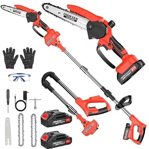 Mini Motosierra De 6 Podadora de Pértiga, Motosierra Batería Sin Cable con 2 Baterías de 1500mAh, Sierra de Poda Telescópica Eléctrica, Guantes para Podar Arboles Patio de Jardín árboles, Rojo
