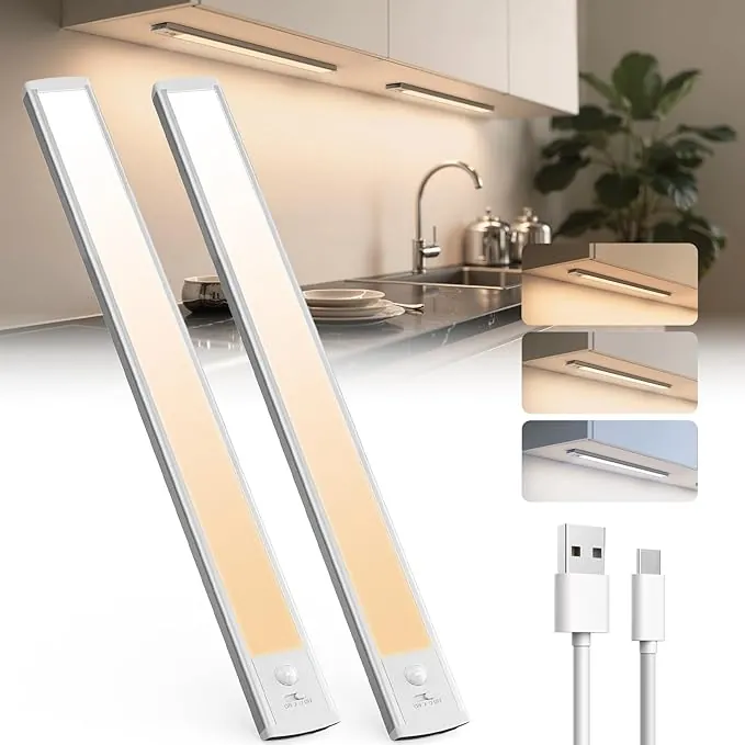 Luz LED Armario con Sensor de Movimiento, 50cm Luces LED Cocina USB Recargable Magnética, Luz Sensor Movimiento Interior con 3 Color Modos para Armario, Escalera, Cocina - 2 Piezas