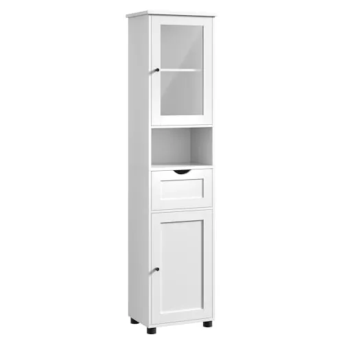 VASAGLE Mueble Baño, Armario Alto, Puerta de Cristal, Estrecho, con Patas