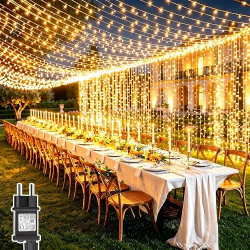 Dekofun 2 Piezas Cortina de Luces 6M x 3M 600 LED Guirnalda Luces con Enchufe, 8 Modos y Temporizador, Impermeable Cascada de Luz para Balcon Boda Fiesta Jardín Exterior Decoración - Blanco Cálido