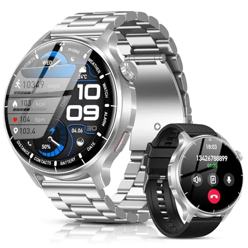 SLOKSFil Reloj Inteligente Hombre con Bluetooth Llamada, 1000mAh Smartwatch Hombre con 1,52" HD/110+ Modos Deportes/24/7 Pulsómetro/Sueño/IP68 Impermeable/Podómetro Android iOS (Acero Plateado)