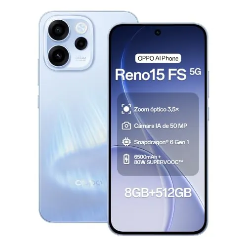 OPPO Smartphone Reno15 FS 5G, 8 GB de RAM + 512 GB de Almacenamiento, Azul Aurora