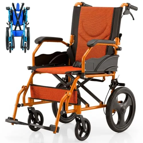 Mobiclinic®, Silla de ruedas, Plegable, Ligera, Dos sistemas freno, Respaldo, Aluminio, Reposapiés abatibles, Modelo pirámide, Pequeñas, Reposabrazos fijos (Naranja, 46 cm)