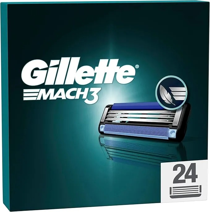 Gillette Mach3 Base Recambios para Maquinillas de Afeitar para Hombre, Pack de 24 Cuchillas de Afeitar con 3 Hojas Y Banda Lubricante para Un Afeitado Suave, Compatible con Todos Los Mangos Mach3
