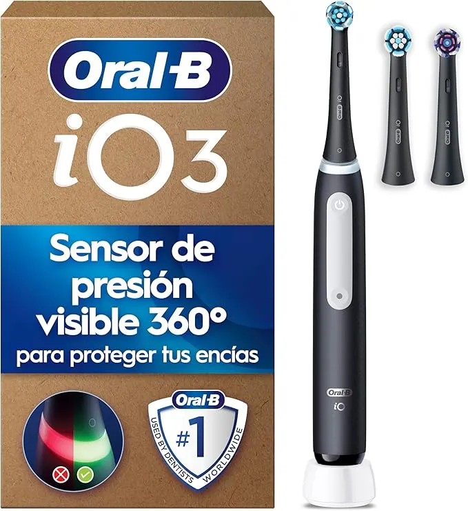 Oral-B iO 3 Cepillo de Dientes Eléctrico Negro con 3 Cabezales, 3 Modos De Cepillado Con Blanqueamiento Dental, Sensor De Presión y Temporizador, Diseñado por Braun