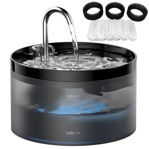 Fuente para Gatos GIOTOHUN: Bebedero Gatos con Forma de Grifo, 64oz, Bomba de Agua Súper Silenciosa, Filtro de Pelos Suelto, Negro-2L + 6 filtros + 3 esponjas