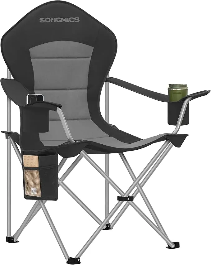 SONGMICS Silla de Camping, Silla Plegable y Portátil con Asiento Amplio, Respaldo Alto, con Portavasos, Soporte para Móvil, Organizador de Tela, Negro y Gris GCB005BH01