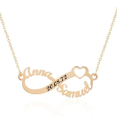 Collar Infinito Personalizado en Plata de Ley 925 con Corazón Fecha y Nombres con cadena Rolo de 40 cm + Alargador. Regalo de San Valentín, Día de los Enamorados. Hecho en España (Plata Bañada Oro)
