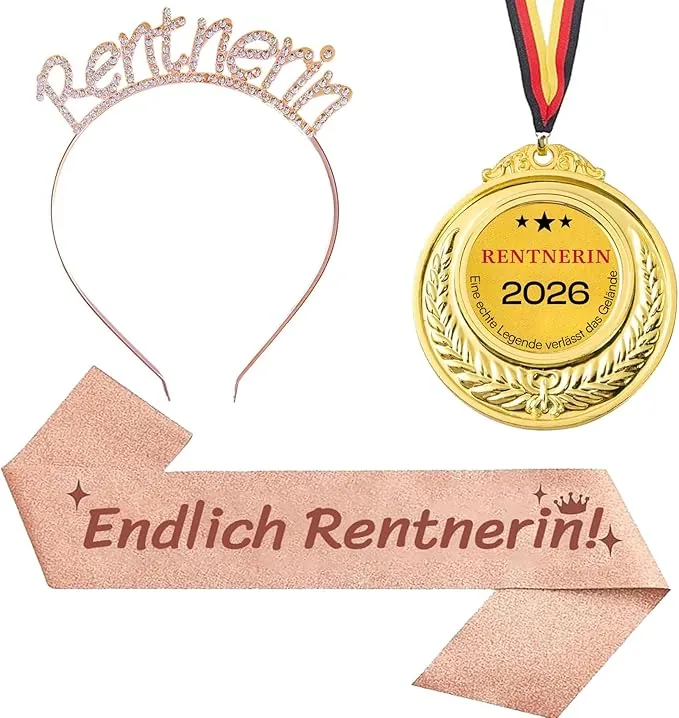 3Pcs Rentner Geschenk Frau Rentnerin Schärpe Haarreif Medaille Pension Jubilation Geschenk Frau Pension Jubilación Deko 2025 Jubilación Geschenk zum Jubilación für Frauen Abschiesgeschenk Kollegin