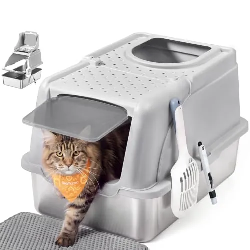 Feandrea Arena Gato, Inoxidable para Gatos con Tapa Abatible, Gris Claro | Arenero XL, a Prueba de Fugas, Cuchara, Alfombrilla, Doble Entrada, Carga de Encimera de 15 kg, Colección BOXAL PPT005G201