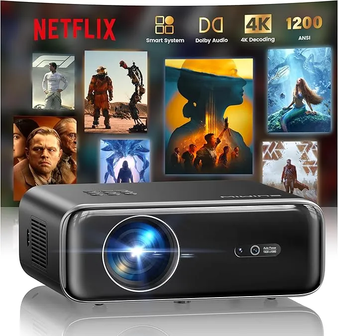 Proyector 4K【1200 ANSI/Netflix Incluido/Dolby】 Smart Proyector 4K Portátil Auto Focus/Keystone WiFi Bluetooth FHD 1080P, HDR10, Proyectors WiFi6 Exterior Zoom 50% para Cine en Casa/PPT Doble HDMI/USB