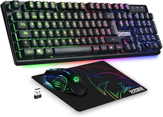 Empire Gaming - Armor RF800 Teclado y Ratón para Gamers Inalámbrico Recargable QWERTY(Layout Español) con Mouse Pad-RGB Wireless 2.4Ghz Keyboard-4800 dpi Mouse-PC PS4 PS5 Xbox One/Series Mac-Negro