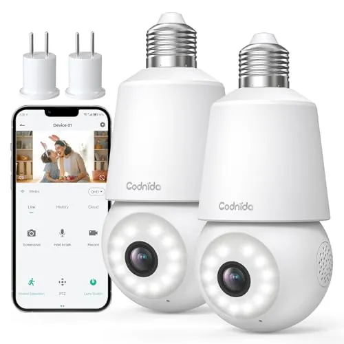Codnida 2PCS Camara Bombilla Vigilancia WiFi Exterior/Interior 2K, PTZ 360 Grados IP Camaras Domicilio con 24/7 Grabación Continua, Visión Nocturna Inteligente en Color, Detección de Movimiento
