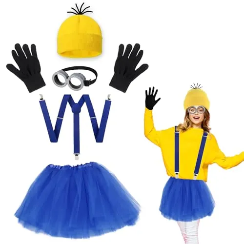 KEELYY Juego de disfraz amarillo de 5 piezas para carnaval, Halloween, cosplay, gorro, gafas, faldas, guantes y tirantes para adultos y niños