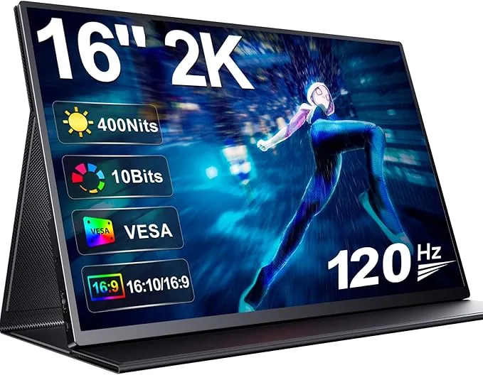 UPERFECT 2K 120Hz 16 Pulgadas Monitor Portátil 2560 * 1600 1200:1 Contraste 400 Nits Display IPS Mini HDMI USB C para PC Laptop Smartphone Xbo Switch PS-4/5, Pantalla Móvil Compatible VESA