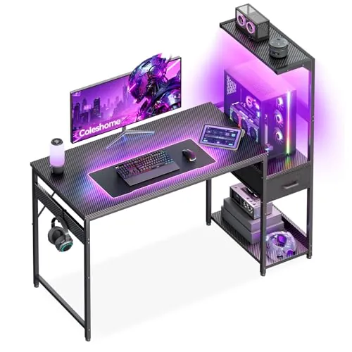 Coleshome Escritorio Gaming con LED, 120x48cm, Fibra de Carbono Negra