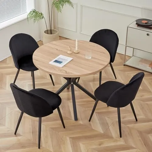 GrandCA HOME Conjunto de Mesa y Sillas de Comedor, Mesa Redonda de 100 cm y 4 Sillas de Terciopelo Nórdico, Ideal para Salón, Comedor y Cocina (Veta de Madera Clara + Negro)