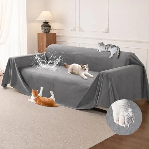 Loiion Fundas Sofa Anti Gatos, Impermeable Antideslizante Gris 340x180cm