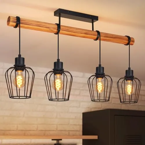ZMH Plafón de Madera Estilo Retro Negro, Lámpara Industrial de 4 Focos para