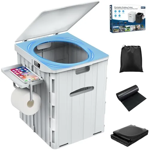 WADEO Inodoro portátil para Acampar, Inodoro Plegable para Exteriores o Interiores con Tapa, Inodoro móvil para Acampar con Soporte de Papel higiénico extraíble y Bandeja para teléfono móvil (Gris)
