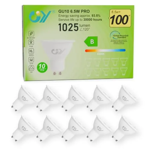 GY Bombilla LED GU10 6.5W (Eq. 100W) 1025LM 4000K Blanco Neutro, No Regulable, 110 Grados Ángulo de haz - Bombillas GU10 LED Pack de 10