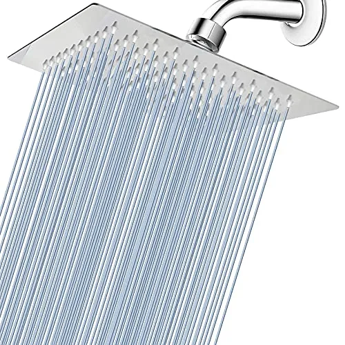 Cabezal de Ducha Lluvia de 20cm, Voolan Cabezal de Ducha Cuadrado de Alta Presión de Acero Inoxidable 304 Ducha Cómoda a Baja Presión de Agua Instalación en Pared o Techo (Cromo)