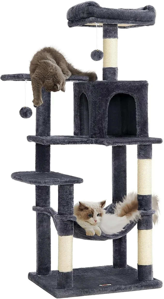 Feandrea Árbol para Gatos, Altura 143 cm, Torre de Gatos, con 4 Postes Rascadores, 2 Plataformas, 1 Cueva, 1 Hamaca, 2 Pompones, Tela de Felpa, Multinivel, Gris Ahumado PCT161G01
