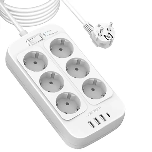 JSVER Regleta de 5 m, protección contra sobretensiones, 6 enchufes con 4 puertos de carga USB, enchufe múltiple con USB C, regleta de enchufe para montaje en pared (3680 W 16 A) para smartphones