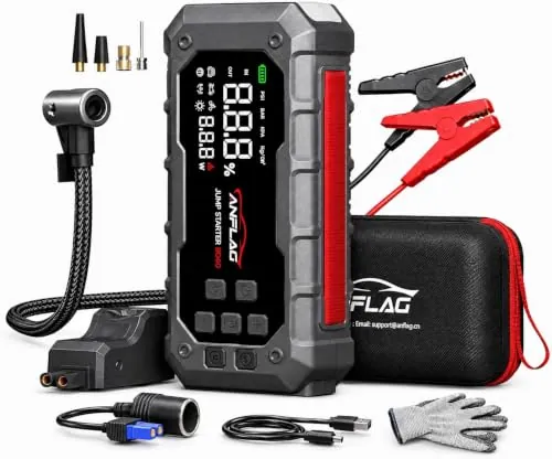 8000A Arrancador de Baterias de Coche con Compresor de Air 160 PSI, PD65W | ANFLAG 26800mAh Arrancador de Coches 12V (para All Gas/14L Diésel/Híbrido) con /Guantes/luz LED/Salida EC5 de 160W