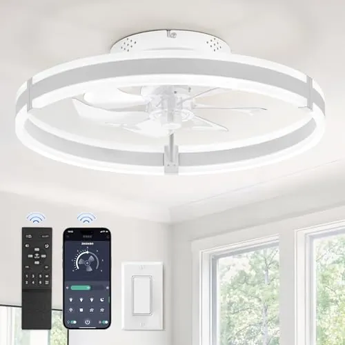 ZMISHIBO Ventilador de Techo con Luz y Mando a Distancia,50 cm Moderno Perfil Bajo,Luz LED Dimmable,6 Velocidades, Silencioso,Fandelier Blanco para Dormitorio/Sala