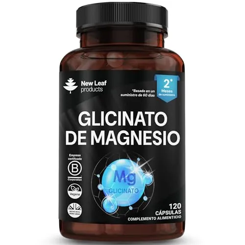 Glicinato de Magnesio – 1040mg por Porción (208mg Elemental) – 120 Cápsulas de Alta Concentración, Bisglicinato de magnesio – Fabricado en el Reino Unido | New Leaf