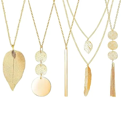 HORREX 5 Piezas Collares Largos Mujer, Collares Largos Bisuteria Bohemia Bisuteria Mujer Personalidad, Colgante Dorado Moda Cadena de Joyería de Moda para Para Diario Cenas Fiestas de Cumpleaños