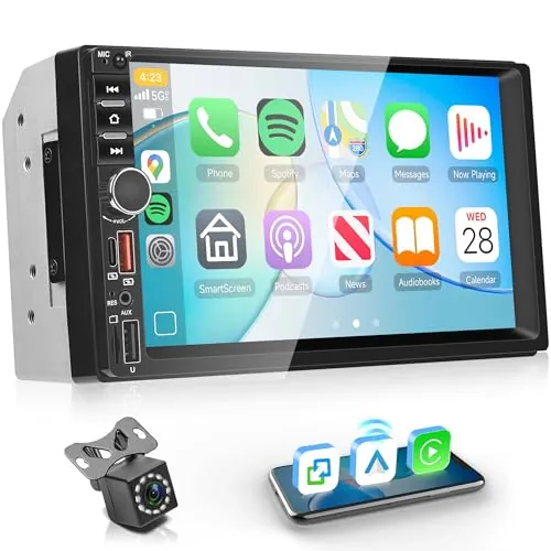 Inalámbrico Carplay Radio de Coche 2 DIN con You-Tube Android Auto, 7 Pulgadas Touchscreen Radio Coche con iOS/Android Mirror Link Bluetooth FM Radio USB/EQ/AUX Control del Volante Cámara Trasera
