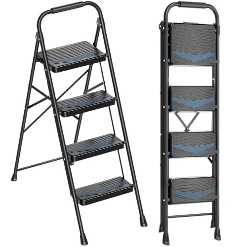 KINGRACK Escalera 4 Peldaños, Peldaños Anchos Antideslizantes y Pasamanos