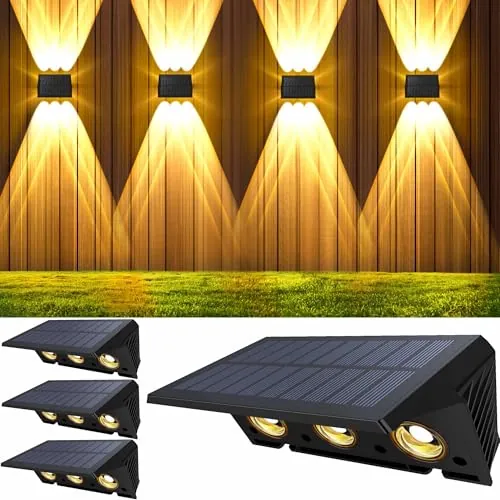 Delaiglow Aplique solar exterior, luces solares exterior para iluminación superior e inferior 6 LEDs, IP67 impermeable para jardín balcón Terraza luz solar exterior, blanco cálido Pack de 4 Unidades