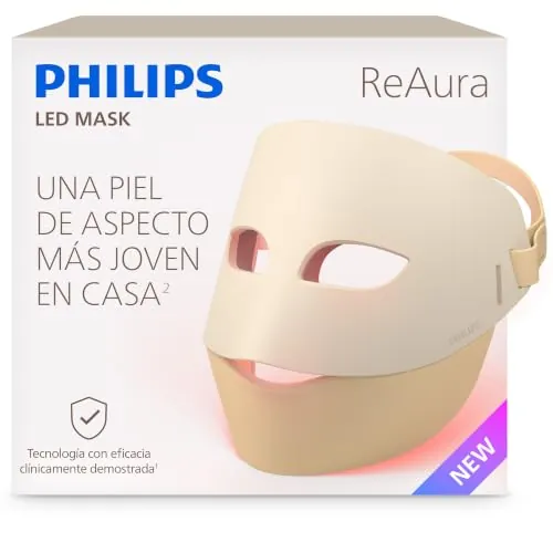 Philips LED ReAura Máscara facial – rostro, contorno de ojos y cuello, 3 modos, luz roja, azul e infrarroja cercana, eficacia clínicamente demostrada¹, ajuste flexible, rutina de 10 min, LTM7100/00