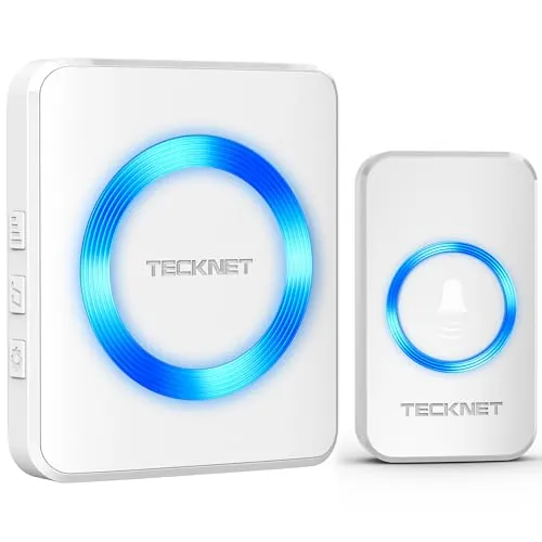 TECKNET Timbre Inalámbrico Exterior Impermeable, 400m Alcance IP65 Impermeable, 60 Melodías Ajustables, 5 Niveles de Volumen (0-110dB), 3 Modos de Trabajo, Adecuado para Hogar, Hotel, Emergencia, etc