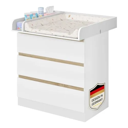WOLTU Mueble Cambiador para Bebé, Cómoda con 3 Cajones, Cambiador Bebé 80x74,5 cm, Dividido en 2 Zonas, Cajonera de 48x80x78 cm, Blanco+Roble Claro